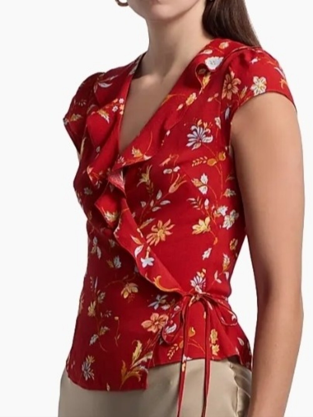 REFORMATION Clemence Red Floral Ruffle Wrap Top Sz 8 NEW